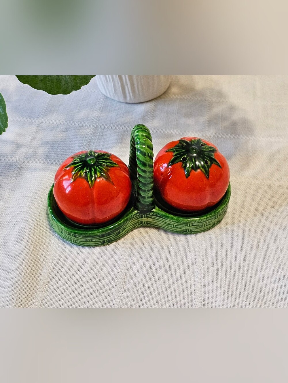 Vintage Ceramic Tomato Salt & Pepper Shakers with Green Holder